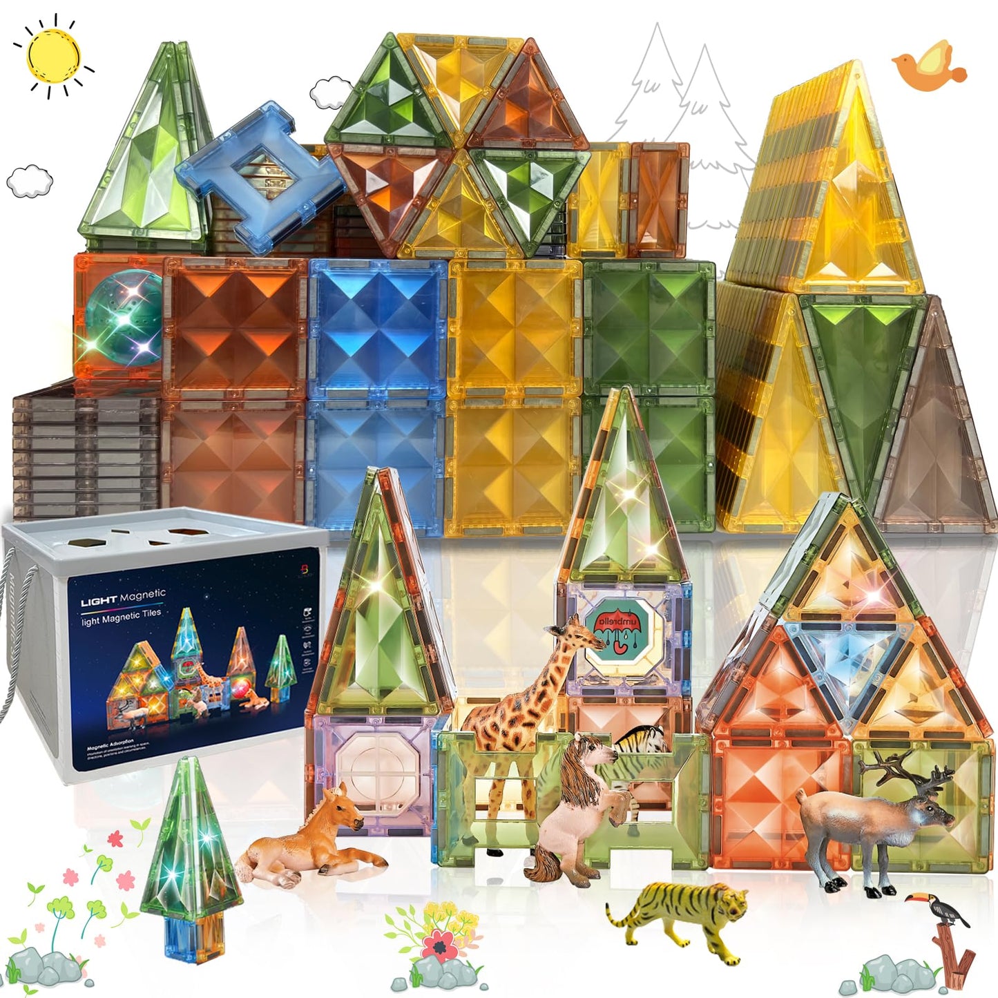 BUBUQE Magnetic Tiles 3D Magnet Building Block Toys Educational Stem Learning Toy with Farm Animal and Lighting Effect Construct