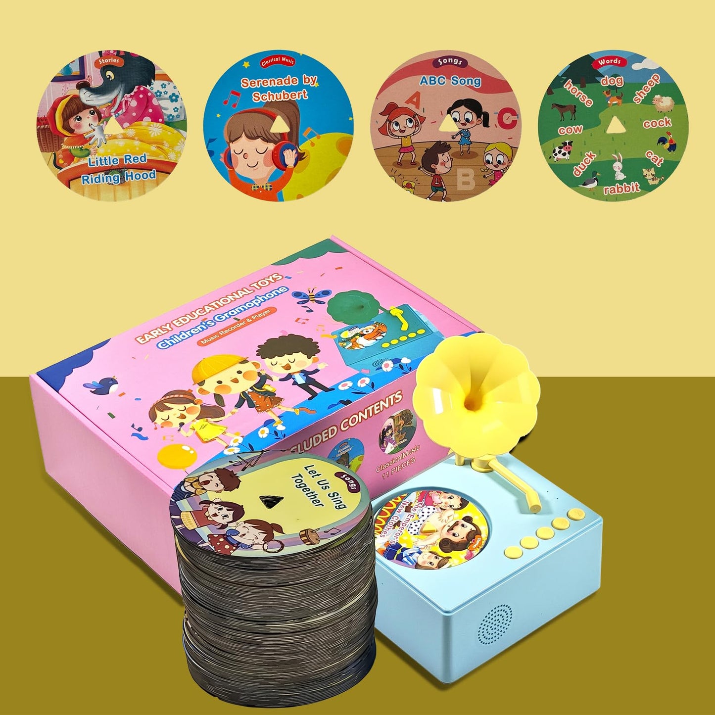 Kids Gramophone With 96 Learning Cards, Toddler Gramophone Music Toy, Kids Phonograph Toddler Record Player, Kids Gramophone, Ch