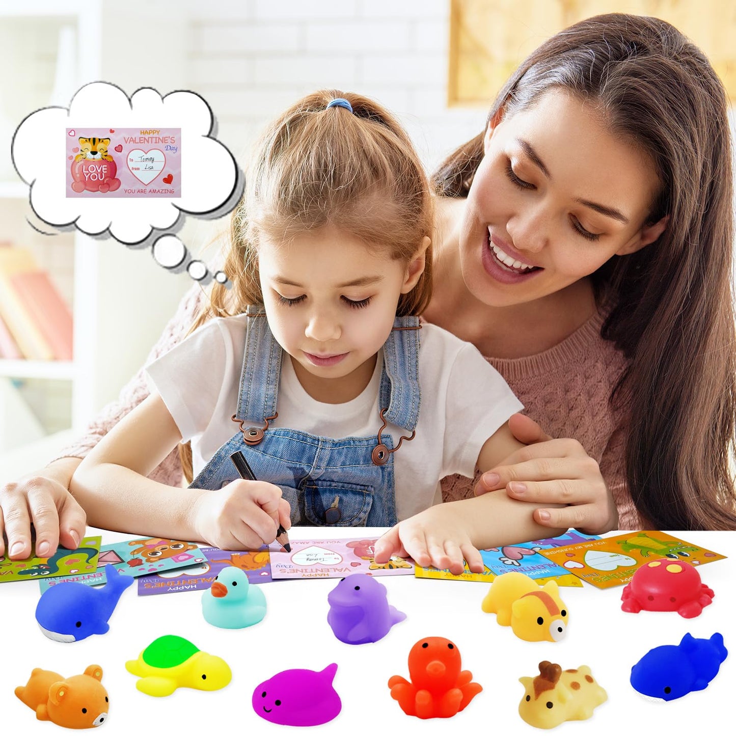 28 Pack Valentine Cards with Mochi Squishy Toys ,Valentines Day Gifts for Kids Animal Squishies Stress Relief Toy Valentines Day