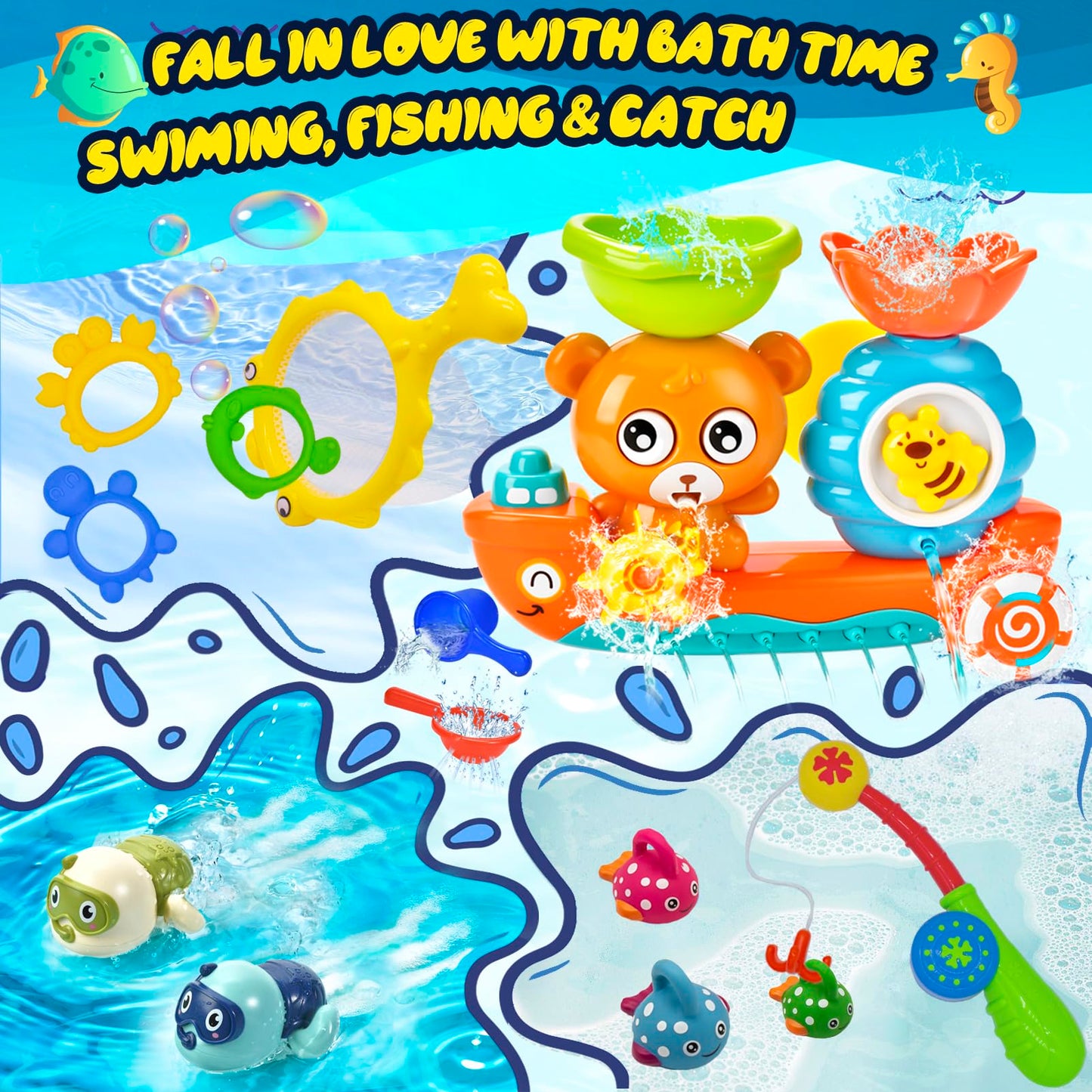 GOODLOGO Bath Toys for Kids 1-3, Fishing Games, Wind-up Turtle, Small Size, Colorful Bathtub Pool Toys, Perfect Gift for Babies and Toddlers