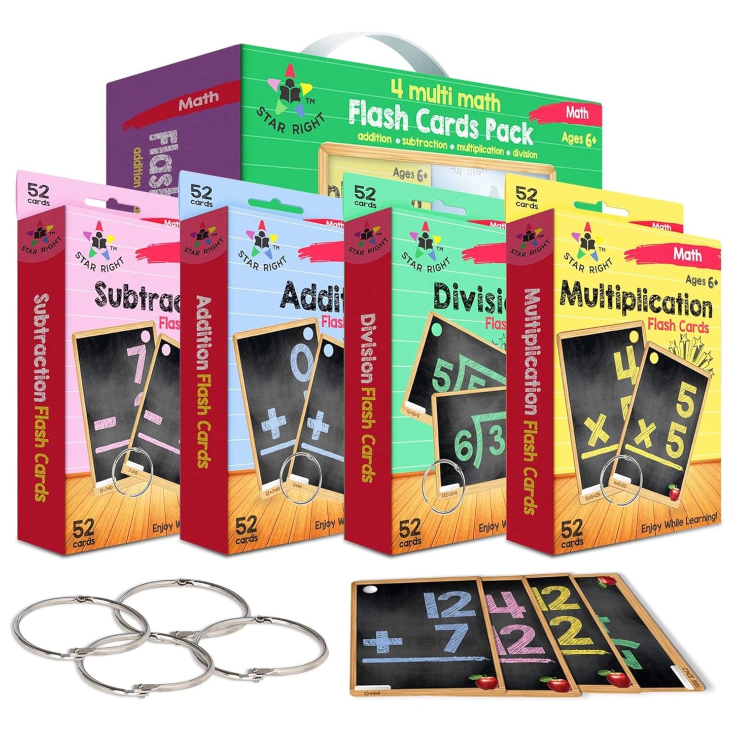 Star Right Math Flash Cards Set Of 4 - Math Flashcards Addition, Subtraction, Multiplication, Division With 4 Rings - 208 Cards For Kids Ages 6 And Above - Flash Cards For Math From 1St To 4Th Grade