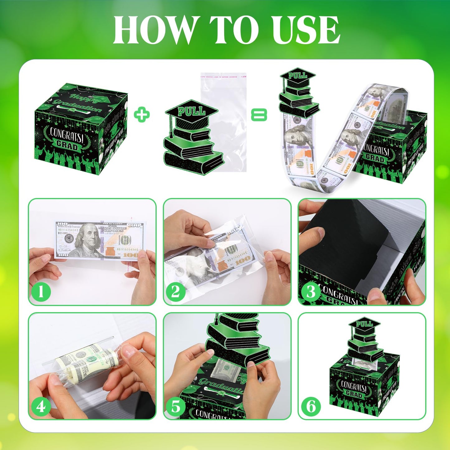 Graduation Money Box For Cash Gift Pull,Green Black Graduation Gifts Surprise Money Box With Pull Out Happy Graduation Congrat Grad Card For Class Of 2025 Graduation Party Supplies High School College