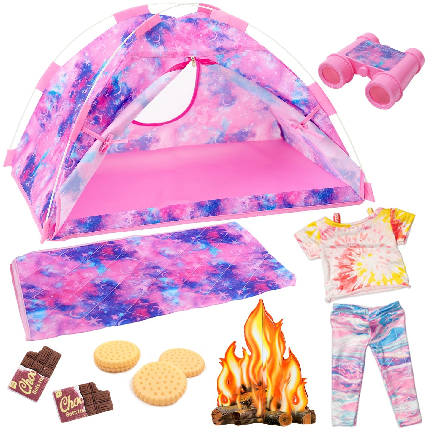 Ecore Fun 11 Items 18 Inch Girl Dolls Camping Tent Set And Accessories Including 18 Inch Doll Camping Tent Clothes Set Campfire Chocolate Biscuit Binoculars Etc