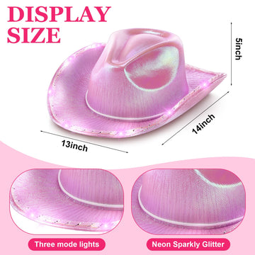 JaGely 24 Pieces Pink Cowgirl Hat Light Up LED Cowboy Hat with Heart Sunglasses and Bandanna Set for Halloween Costume Cosplay