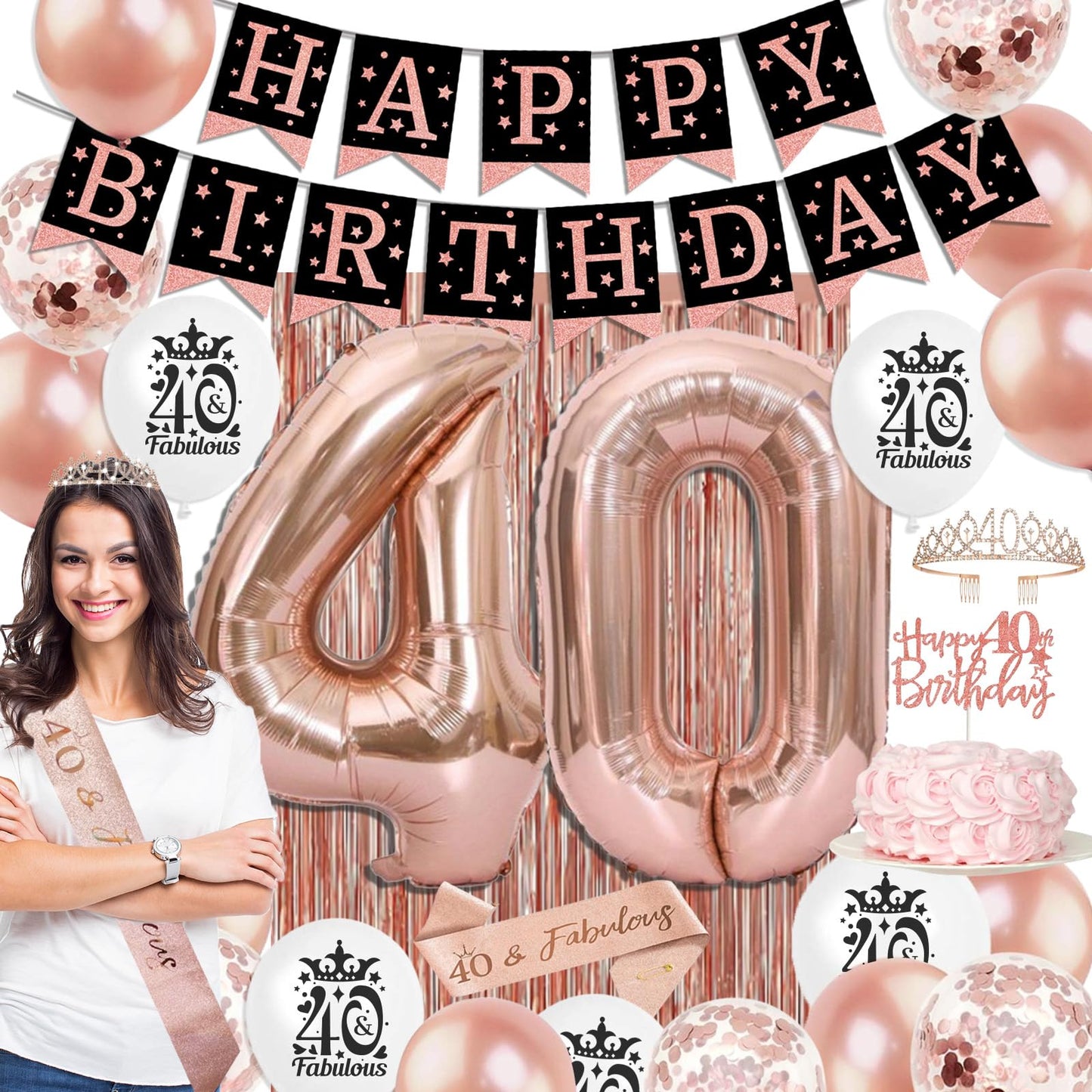 40Th Birthday Decorations For Women,Rose Gold Happy 40Th Birthday Party Decorations Woman Birthday Balloons 40 And Fabulous Sash