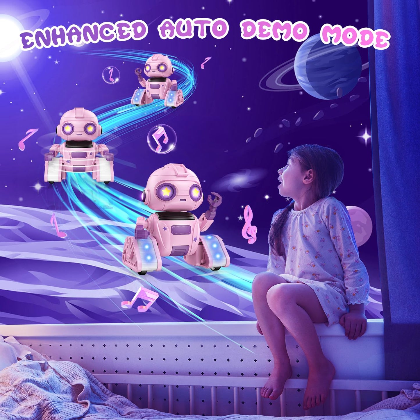 Baiwu Robot Toys For Kids,Rc Robot With Gesture Sensing & Led Eyes,Star Projector And Music,Boys & Girls Toys For 6+ Age(Pink)