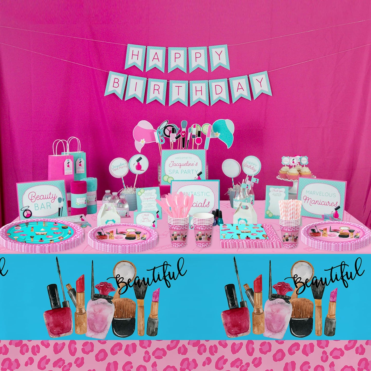 HIPVVILD Spa Party Decorations Tableware For Girls, Spa Makeup Birthday Party Supplies, Spa Party Plate, Napkin, Tablecloth, For