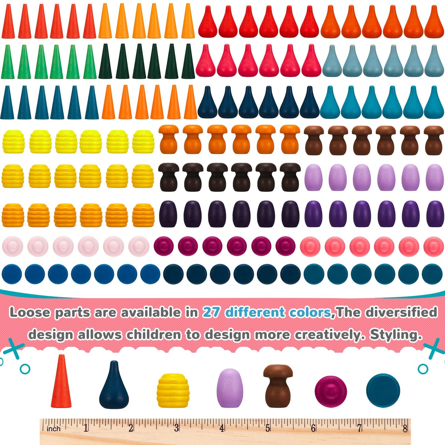 Loose Parts Play Materials Set Wooden Mandala Toys Kit Wood Sensory Play Toys 27 Rainbow Color 7 Shapes Loose Parts For Teens Students Early Learning Materials (162)