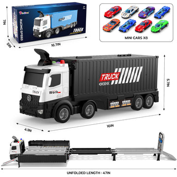 Carrier Truck Race Track Boys Toys, Foldable 3 Layer Car Race Track Playset, Toy Truck Transport Car Carrier & 8 Race Cars, Truc