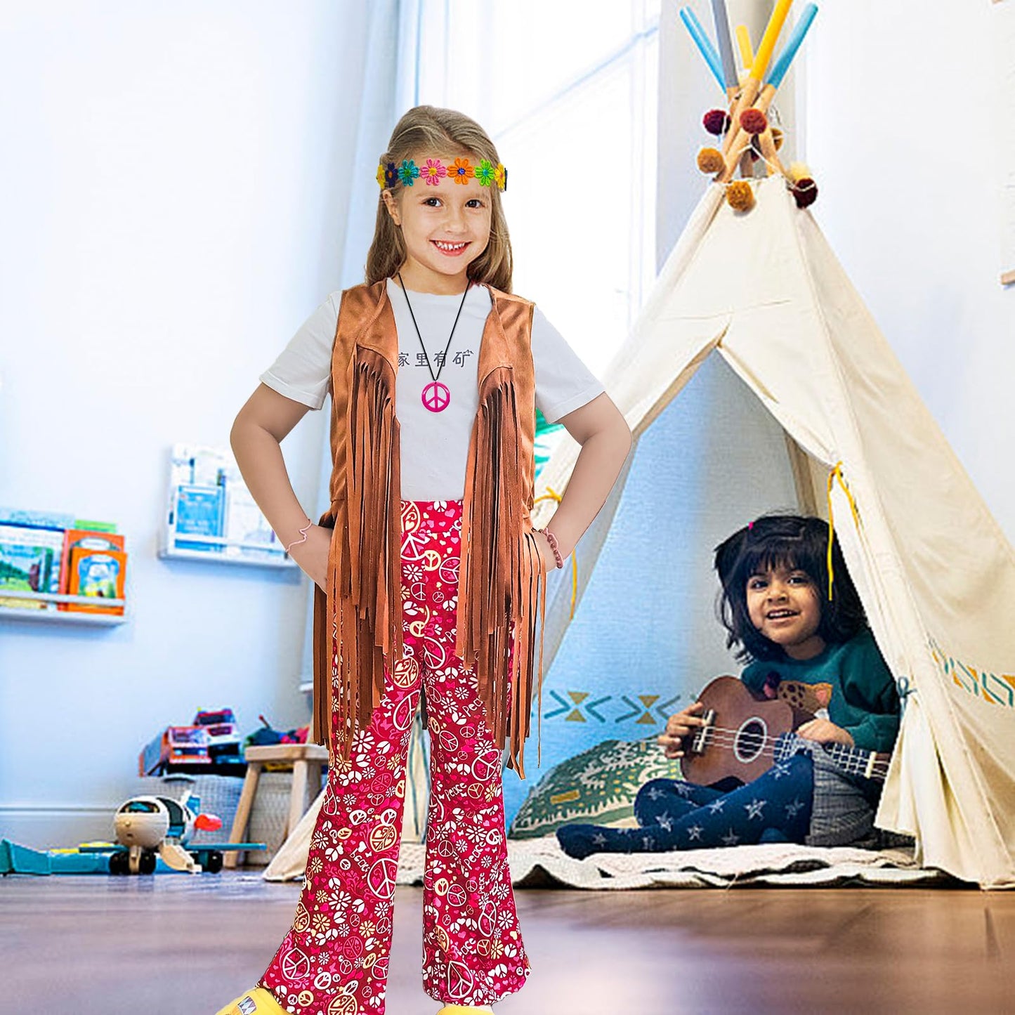 Xonyicos 8 Pcs Girls Kids 60S 70S Hippie Costume Disco Outfits Fringe Vest Boho Bell Bottoms Hippie Outfits Accessories Set (Bro