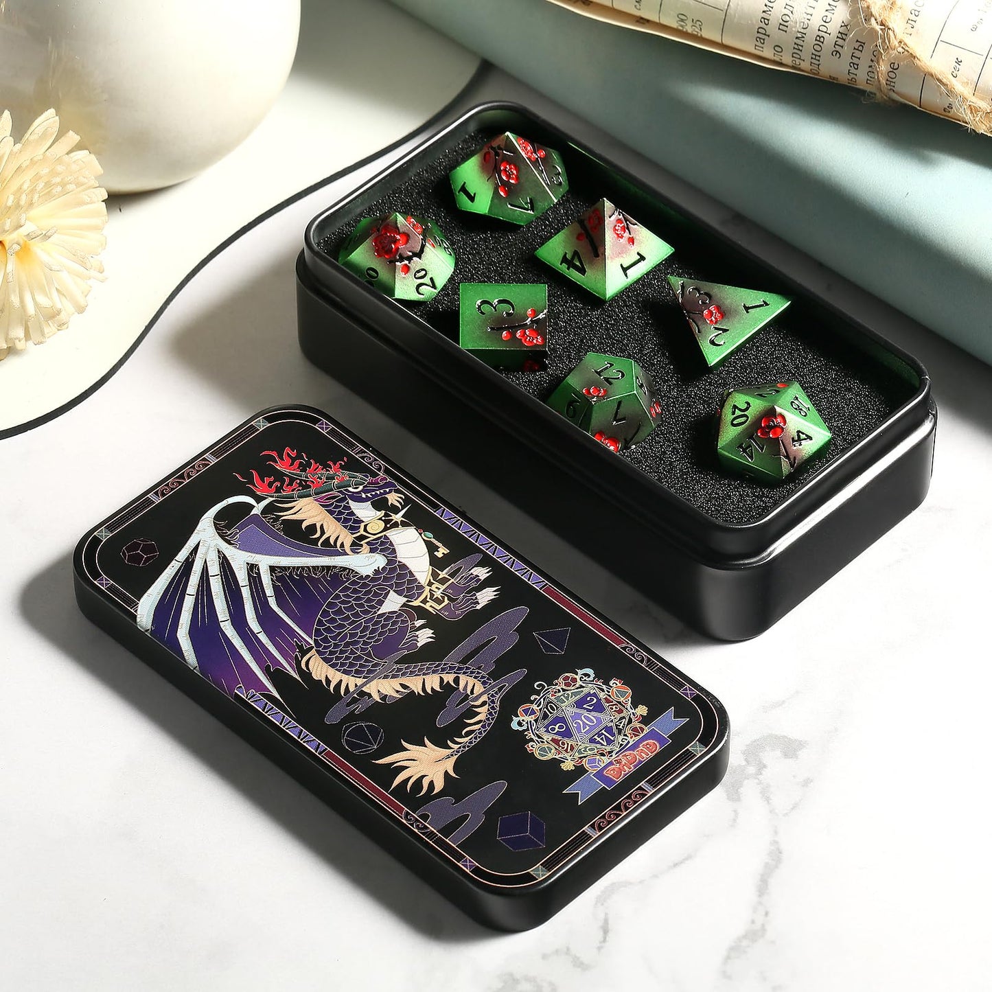 Metal Dice Set D&D, DNDND 7 PCS Metallic Flowers DND Dice with Gorgeous Gift Case for D&D Dungeons and Dragon Tabletop Game (Gre