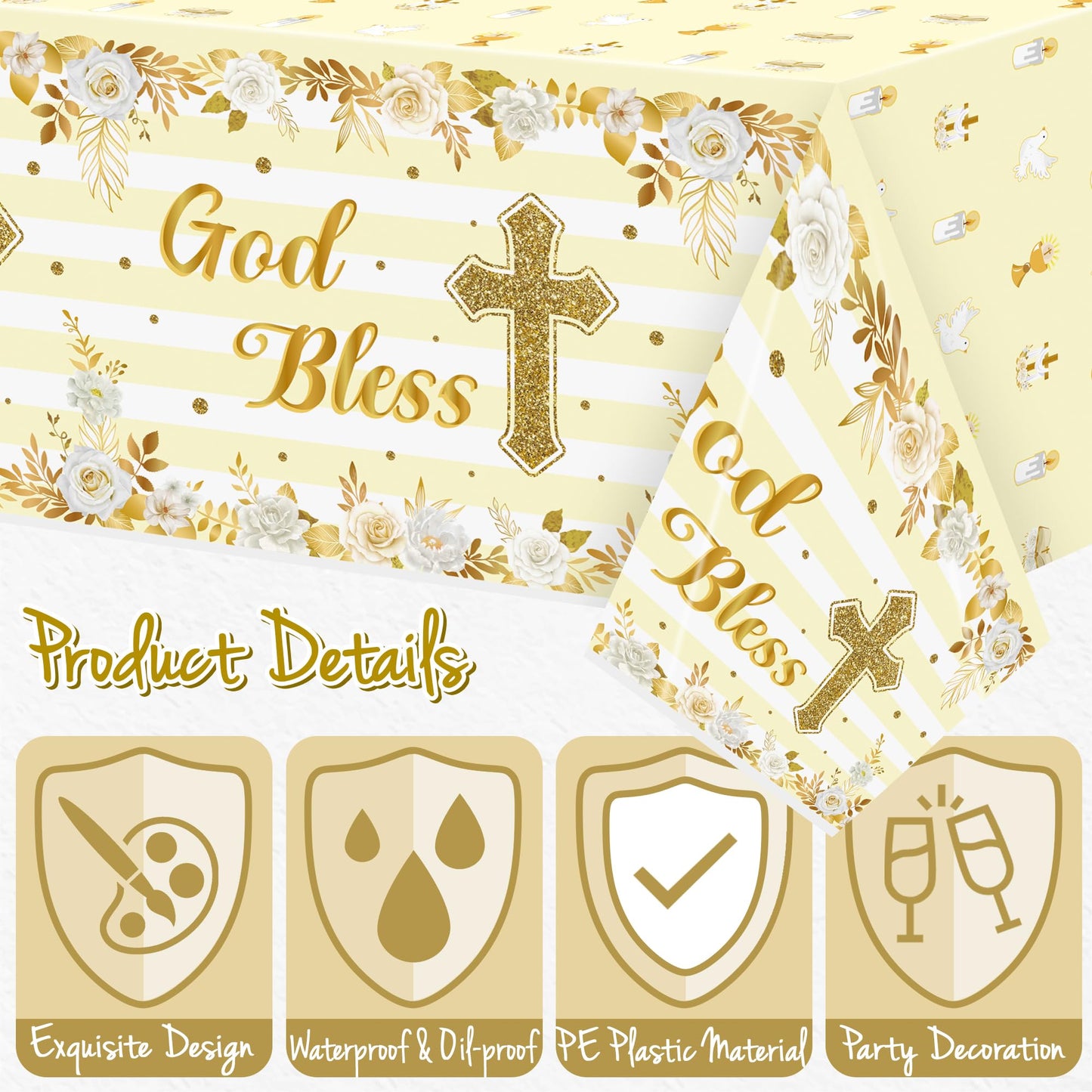 Bkeecten 3 Packs Gold Baby Baptism Party Tablecloths Decorations Flower Theme Displsable Plastic Waterproof Rectangle God Bless