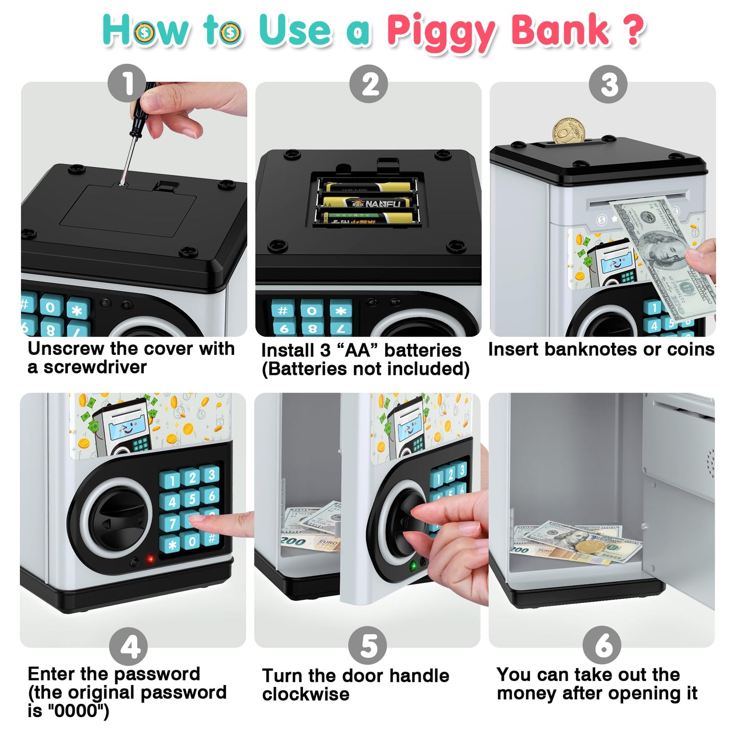 Gray Piggy Bank For Kids With Password Code Lock And Auto Grab Bill Slot, Philaeec Real Money Cash Coin Can Saving Box Electroni