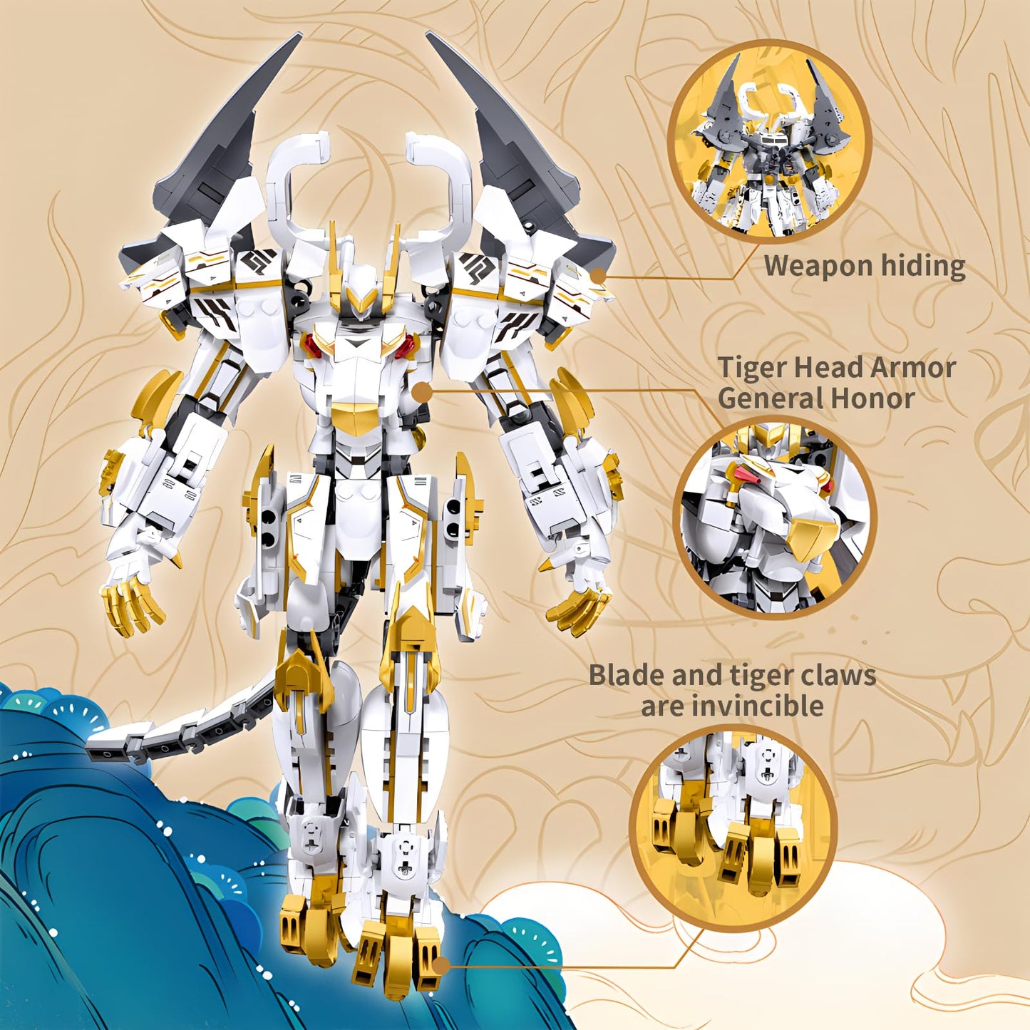 CSNRHG White Tiger Samurai mech Robot Model with Double Axe Head Building Blocks Toy Set Mythical Birthday for Age 8+ Children A