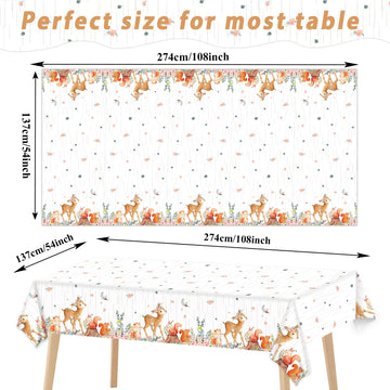 3 Pieces Woodland Plastic Tablecloths For Girl Baby Shower Decorations Floral Woodland Creatures Table Covers Forest Animal Friends Table Decoration For Birthday Party Supplies Favors, 54 X 108 Inches