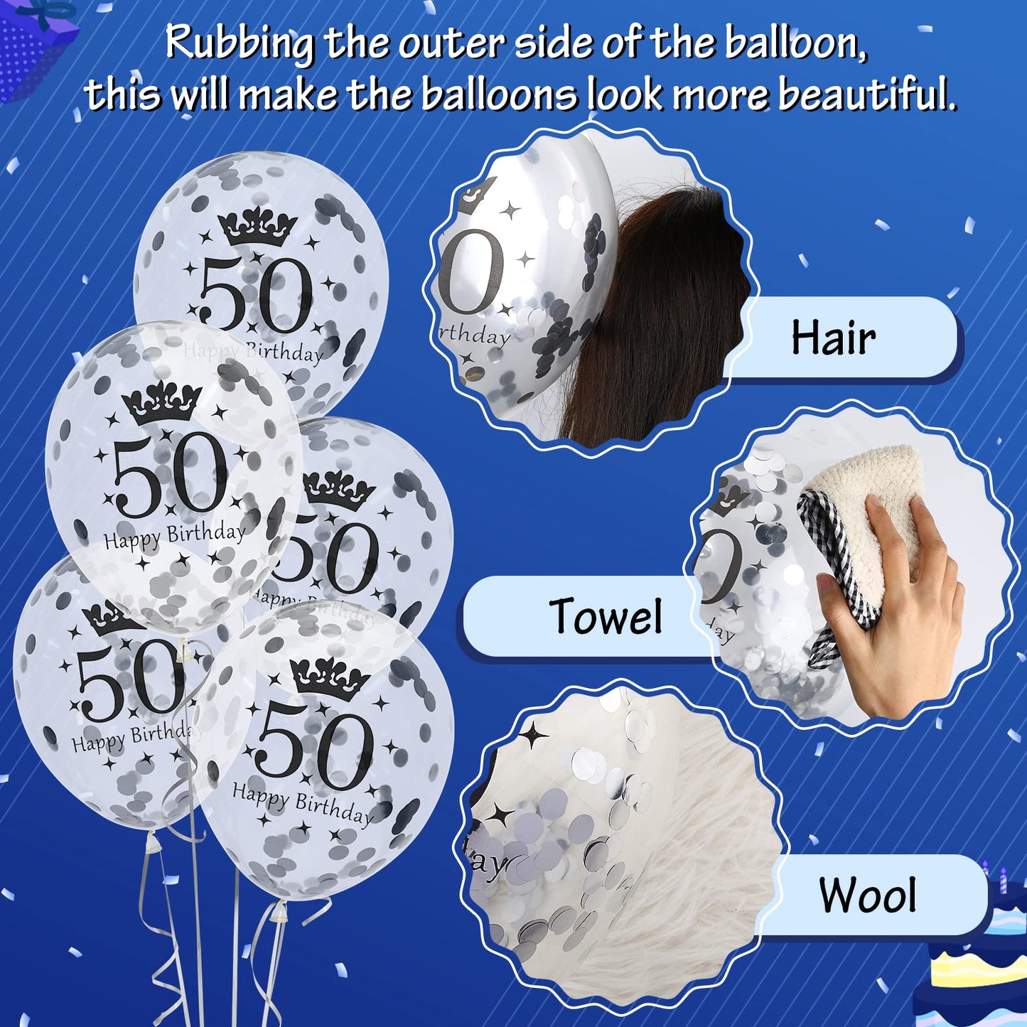 50Th Blue Birthday Balloons Decorations, 15Pcs Navy Blue Silver 50Th Birthday Balloons For Men Women 50 Anniversary Birthday Party Decor Latex Inflatable Clear Confetti Balloon Indoor Outdoor Supplies