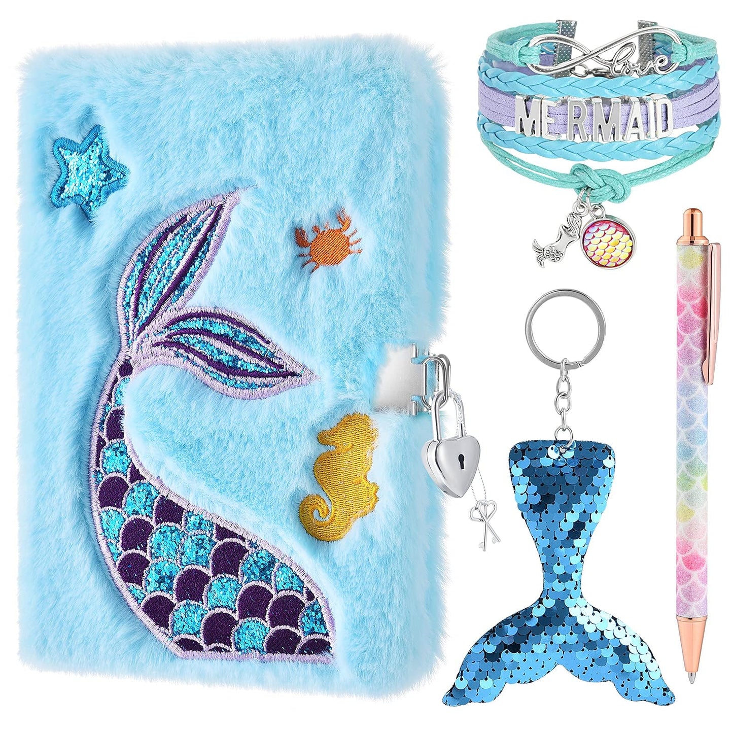Wernnsai Mermaid Kids Diary With Lock For Girls, Gift For 6 7 8-12 Years Old Girl, Plush Secret Kids Diary Journal Kit For Girls School Travel Notebook Notepad With Pen Birthday Christmas Gift