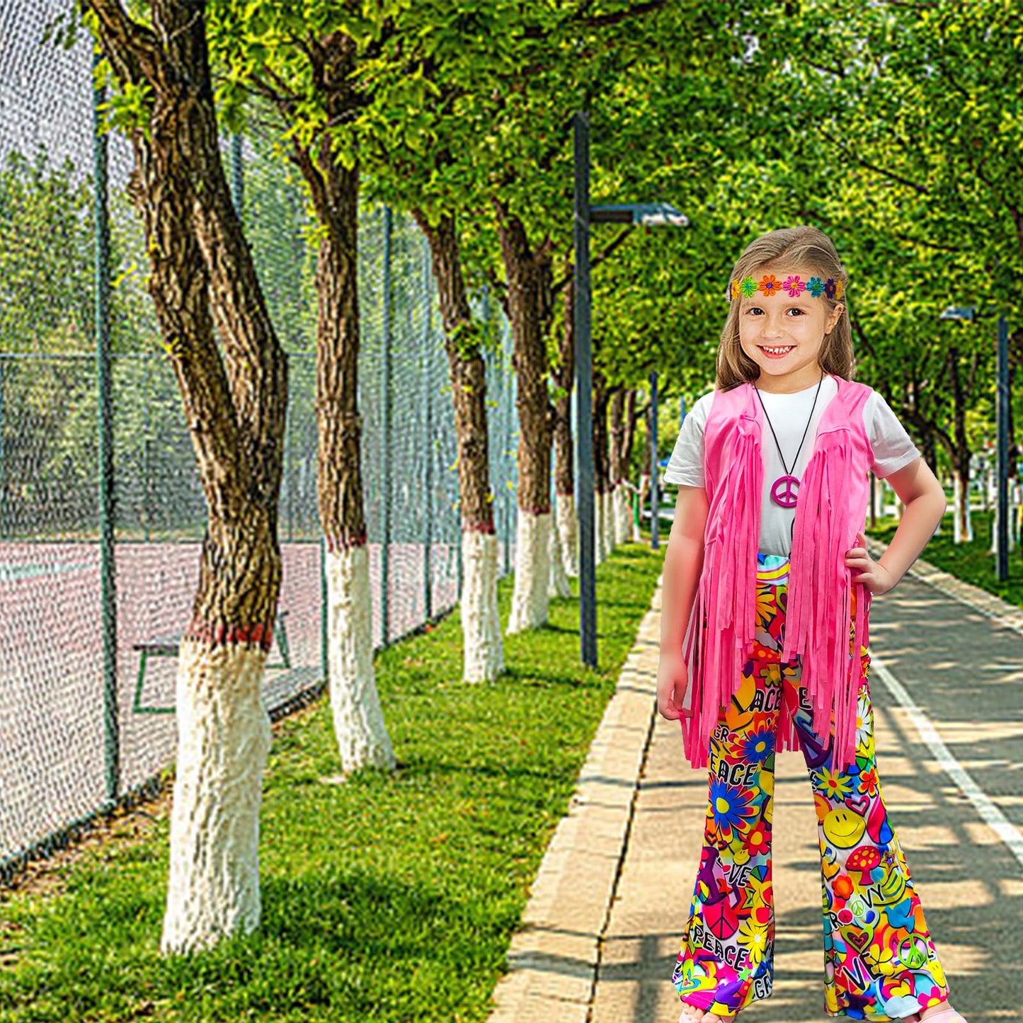 Xonyicos 8 Pcs Girls Kids 60S 70S Hippie Costume Disco Outfits Fringe Vest Boho Bell Bottoms Hippie Outfits Accessories Set (Pea