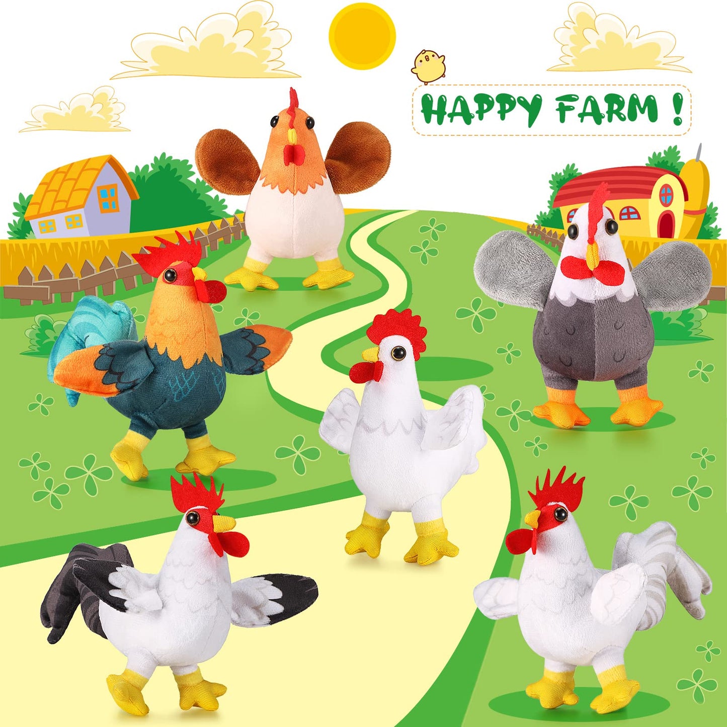 Kasyat 6 Pieces Mini Plush Furry Animal Toys Soft Plush Horse Pig Cattle Rabbit Dog Sheep Hen Doll Stuffed Plush Animals For Christmas Stocking Stuffers Birthday Party Decoration(Chicken And Rooster)