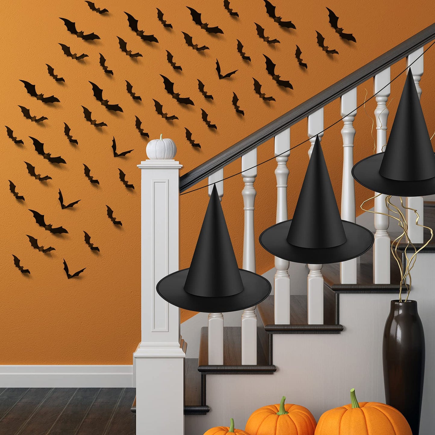 Sumind Halloween Decorations 6 Pcs Hanging Witch Hats With 60 Pcs 3D Bat Spider Stickers, Witch Costume Accessories Floating Witch Hats Halloween Decor(Bats)