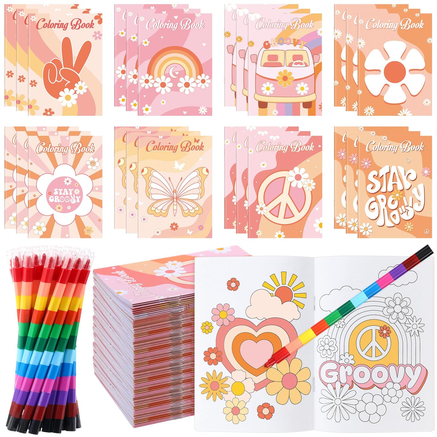 Funrous 24 Pcs Hippie Boho Coloring Books with 24 Stacking Crayons Set Stay Groovy Mini Coloring Book Peace Sign Vibe Bus Daisy