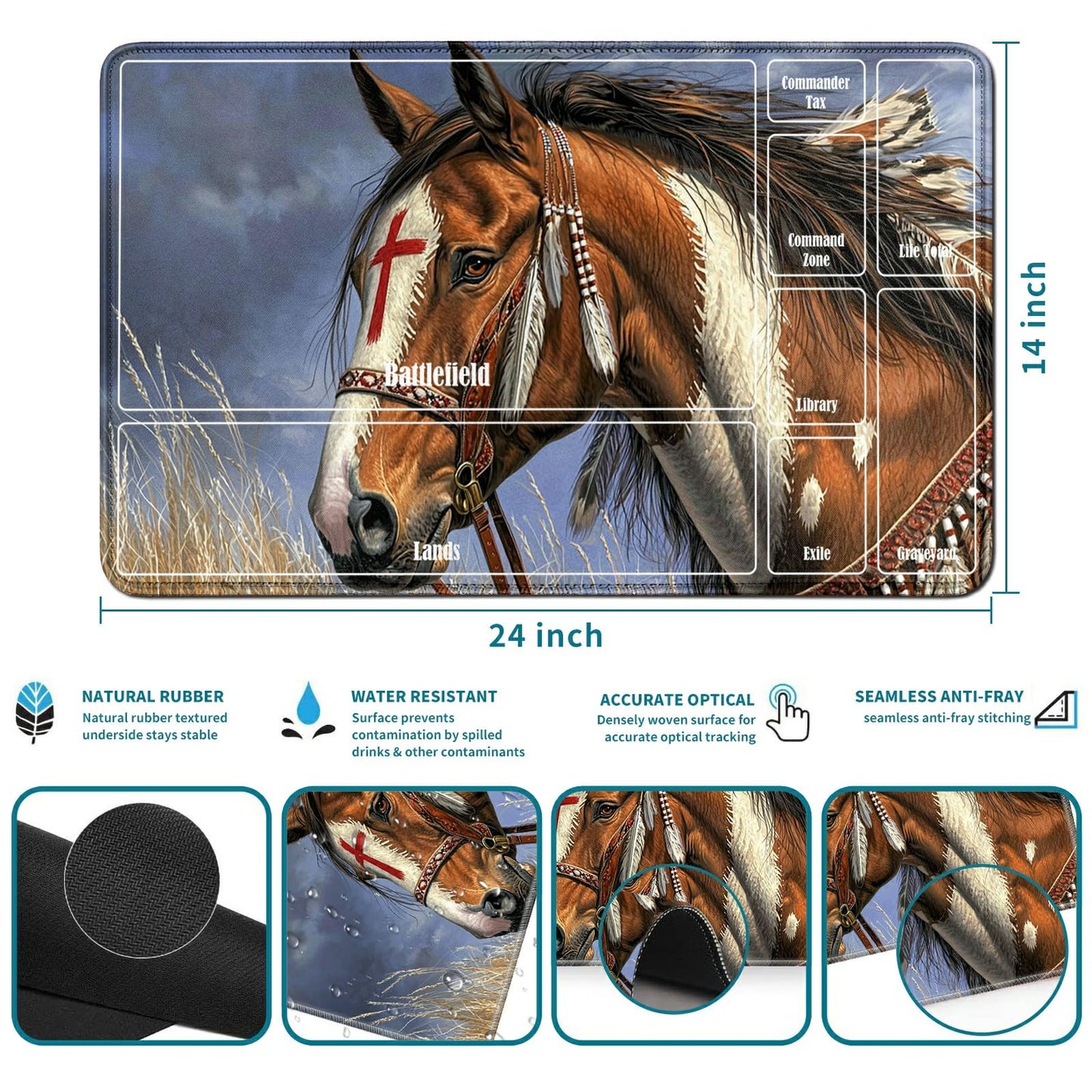 Rwutytiul Gray Sky Horse Card Playmat 24 X 14 Inch With Tube Bag, Card Gameplay Desk Mat With Zones Commander Deck Board Mtg Rpg