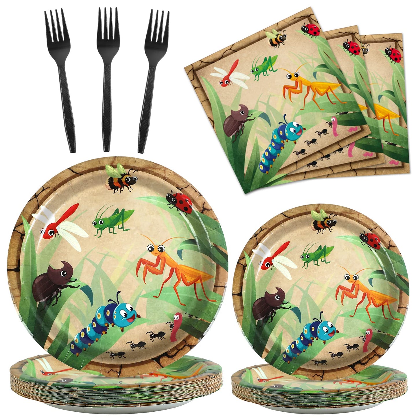 Qyeahkj 100 Pcs Bug Party Plates Napkins Supplies, Spring Summer Ladybugs Bee Reptile Birthday Party Tableware Set Insect Birthd