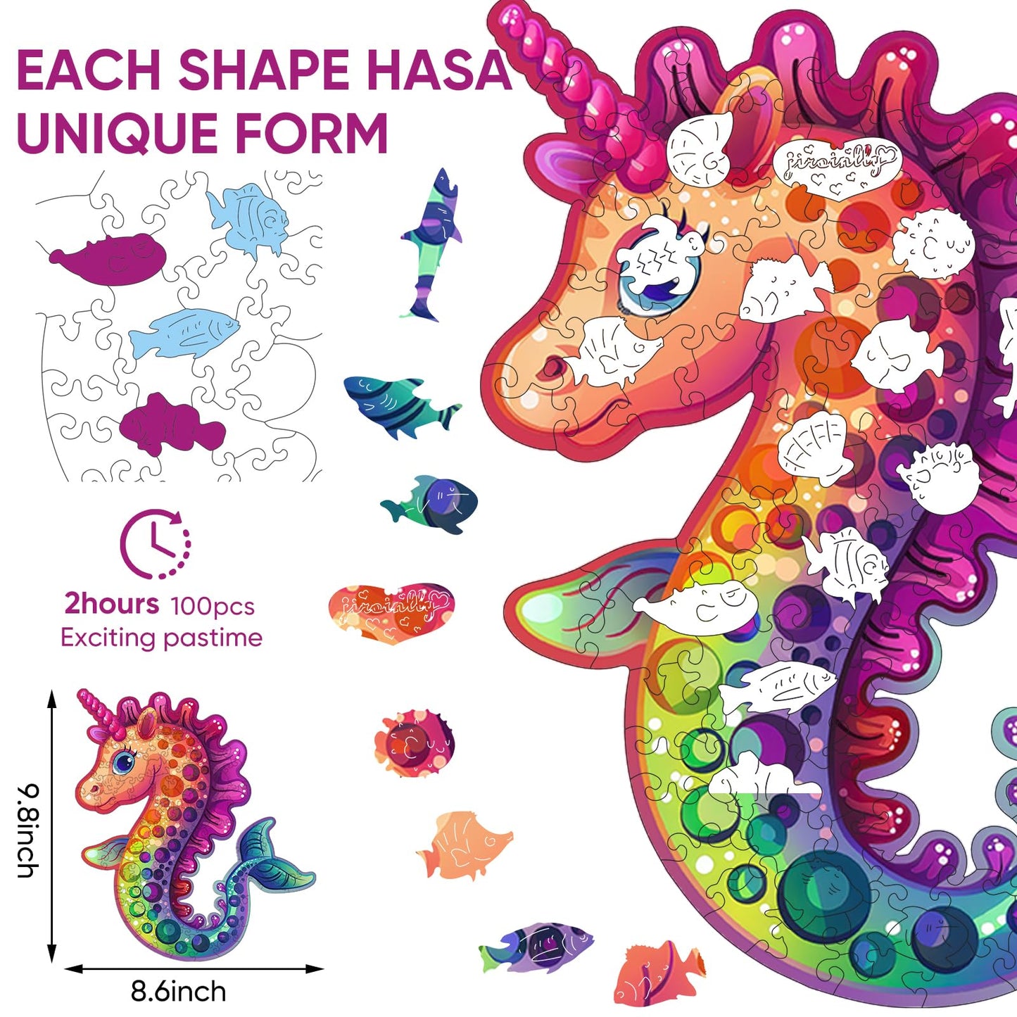Jiroinlly Wooden Puzzles for mature-themed and Kids 100 Pieces Ocean Puzzle Unique Shaped Seahorse Wooden Preschool Puzzle Toddler Wooden Puzzle Toy Gift for Boys and Girls Suitable for Family Games