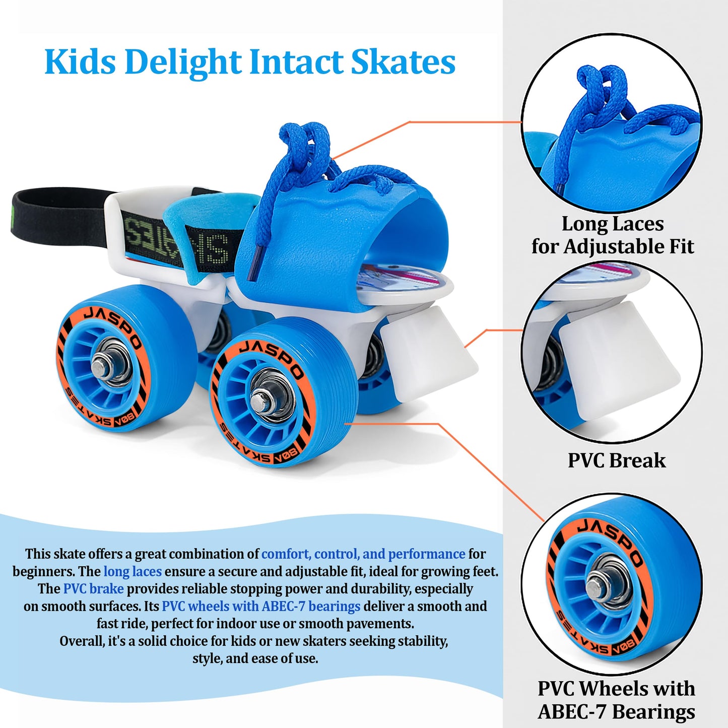Jaspo Kids Delite Intact Junior Skates Combo (Skates+Helmet+Knee+Elbow) Suitable for Age Upto 5 Years, Unisex, Outdoor Wheel, Bl