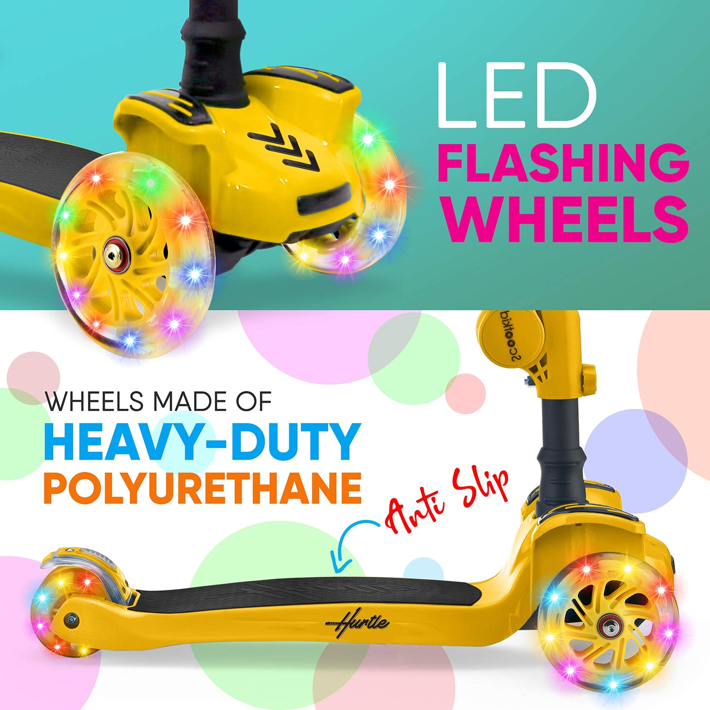 Hurtle Kids Scooter - Child Toddler Kick Scooter Toy With Foldable Seat - 3 Wheel Scooter With Adjustable Height, Anti-Slip Deck
