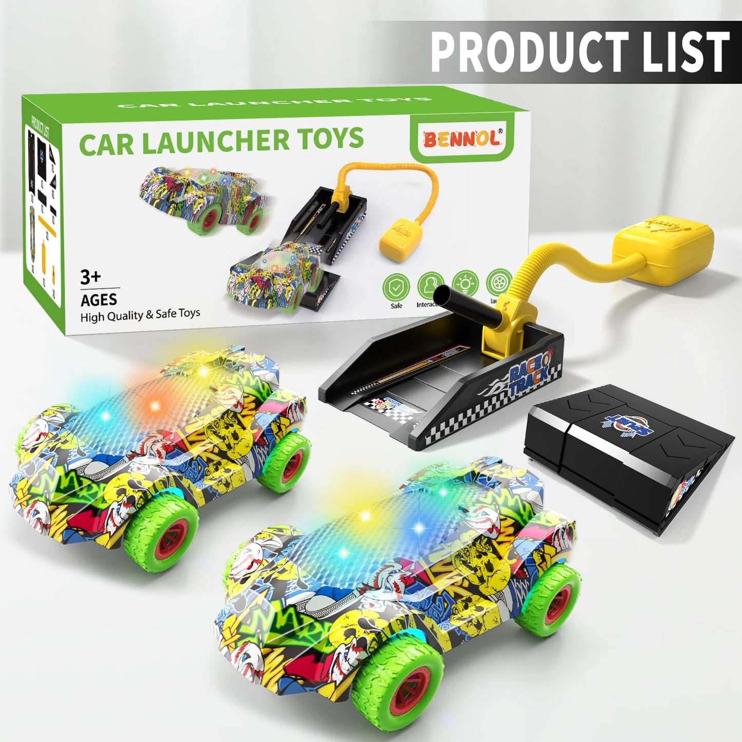 Bennol Toddler Toys Gifts for 3 4 5 6 Year Old Boys, Indoor Outdoor Car Launcher Sets for Kids with 2 Cars, Ideas 3 4 5 6 Year O