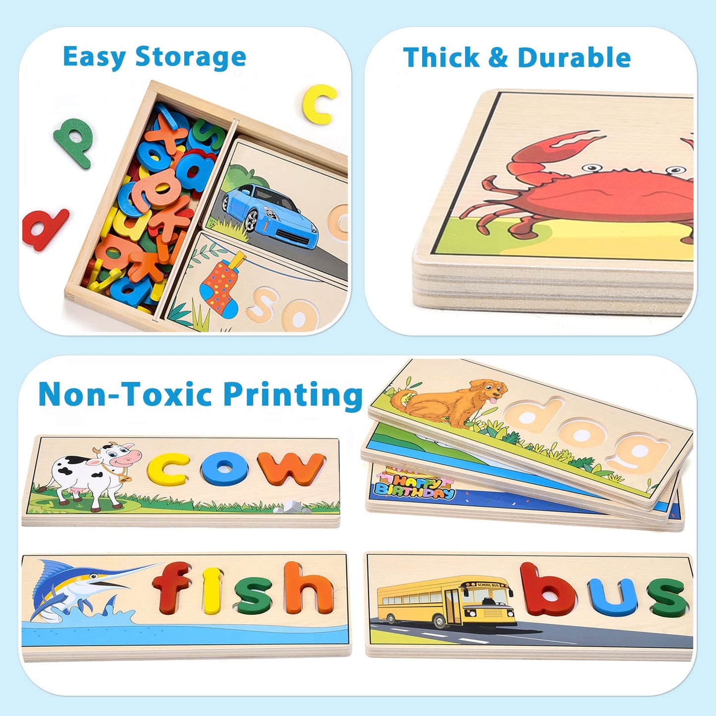 Atoylink Wooden Spell Learning Toys For 2 3 4 5 Year Old Kids Match Letter Spelling Game Board & Letters & Box, Cvc Word Builder