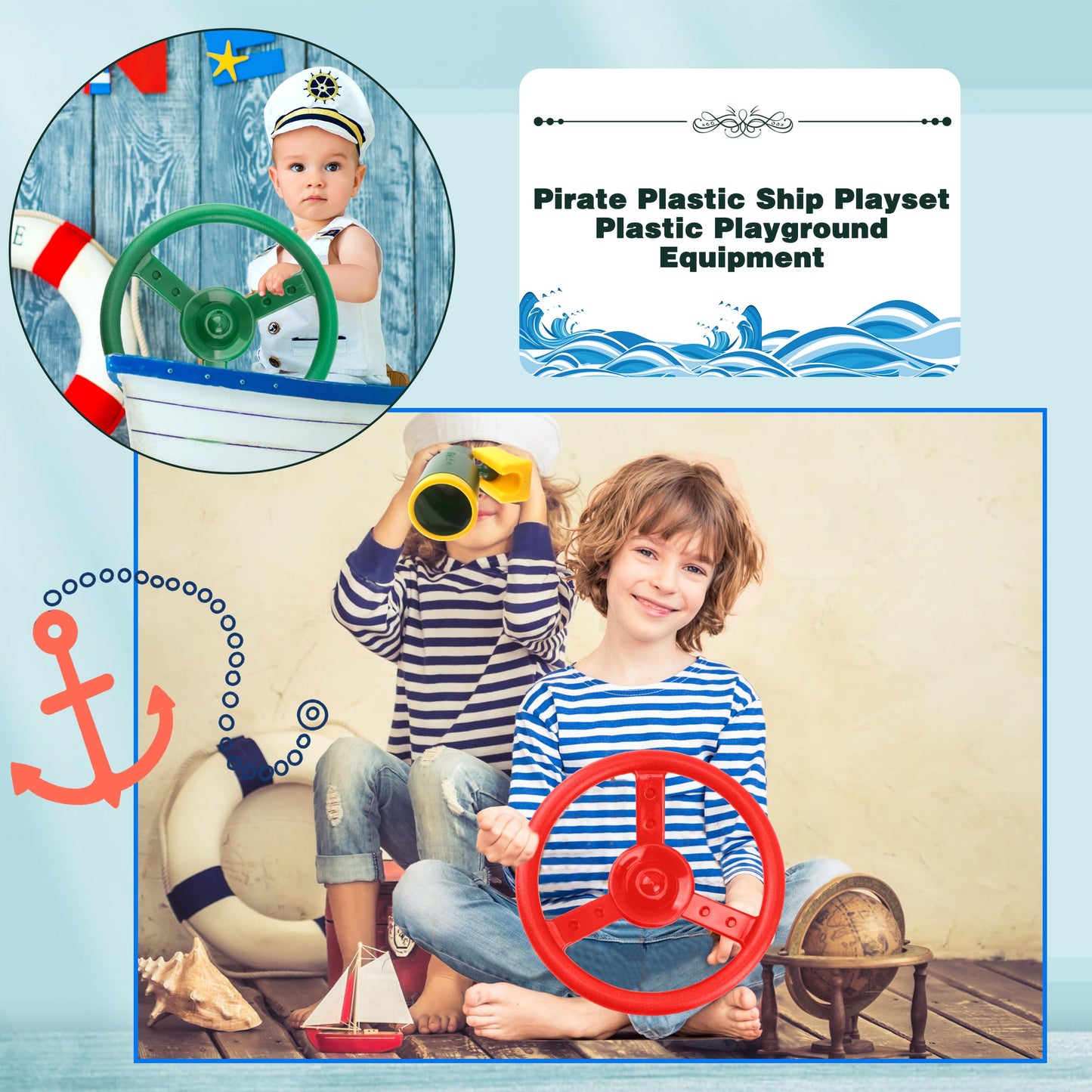 Haconba 2 Pack Steering Wheel Playset Plastic Pirate Ships Wheel With Mounting Tools For Kids Playground Outdoor Gym (Green, Red)
