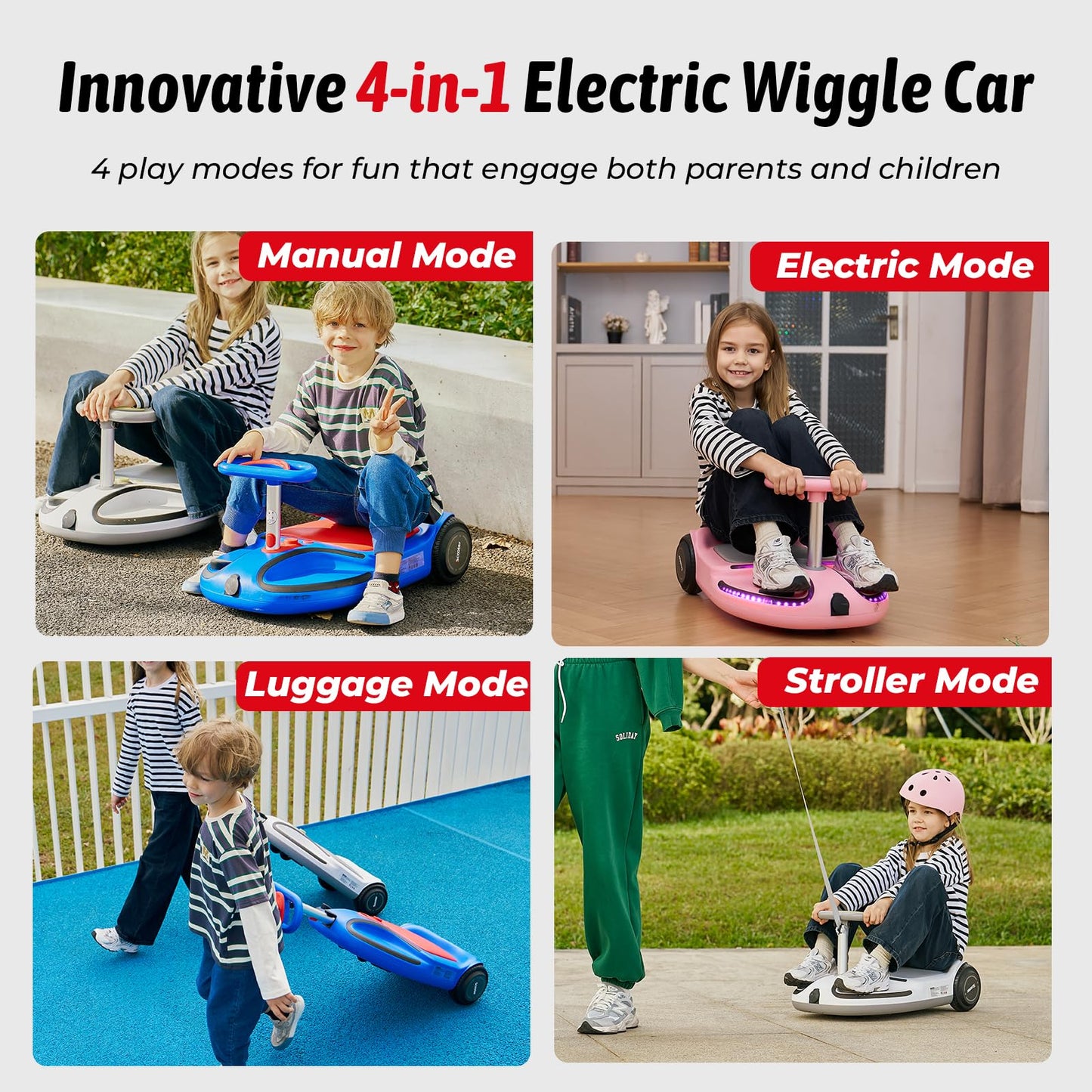 21.6V Electric Wiggle Car with Pedal and Pull Rope, 4 in 1 Swing Car,Lithium Rechargeable Battery, 3 Speed Wiggle Car Ride On To