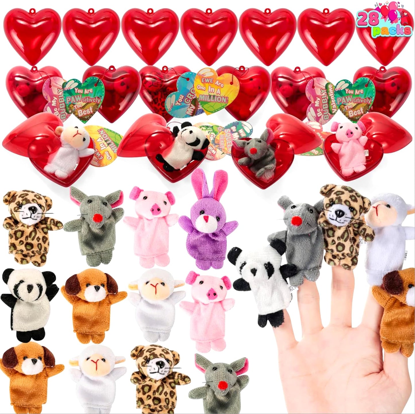 Joyin 28 Packs Valentines Day Prefilled Hearts With Plush Animal Finger Puppet And Valentins Card For Kids Classroom Exchange, V