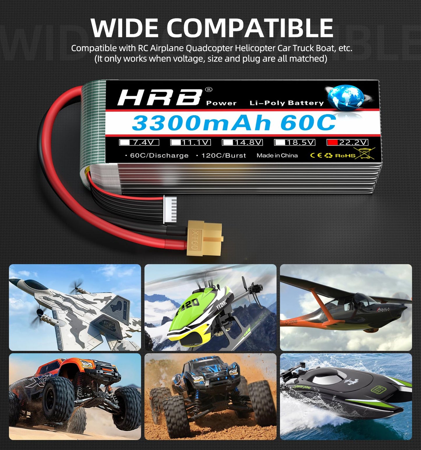 HRB 2packs 6S 22.2V 3300mAh 60C XT60 RC Lipo Battery Compatible with RC Helicopter Airplane Car Boat Truck