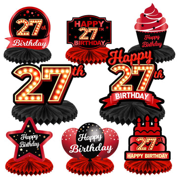Happy 27Th Birthday Red And Black Table Honeycomb Centerpieces Balloons Theme Decor Table Decorations Table Toppers For Girls Women Princess 27 Years Old Birthday Party Bday Supplies Background Gold