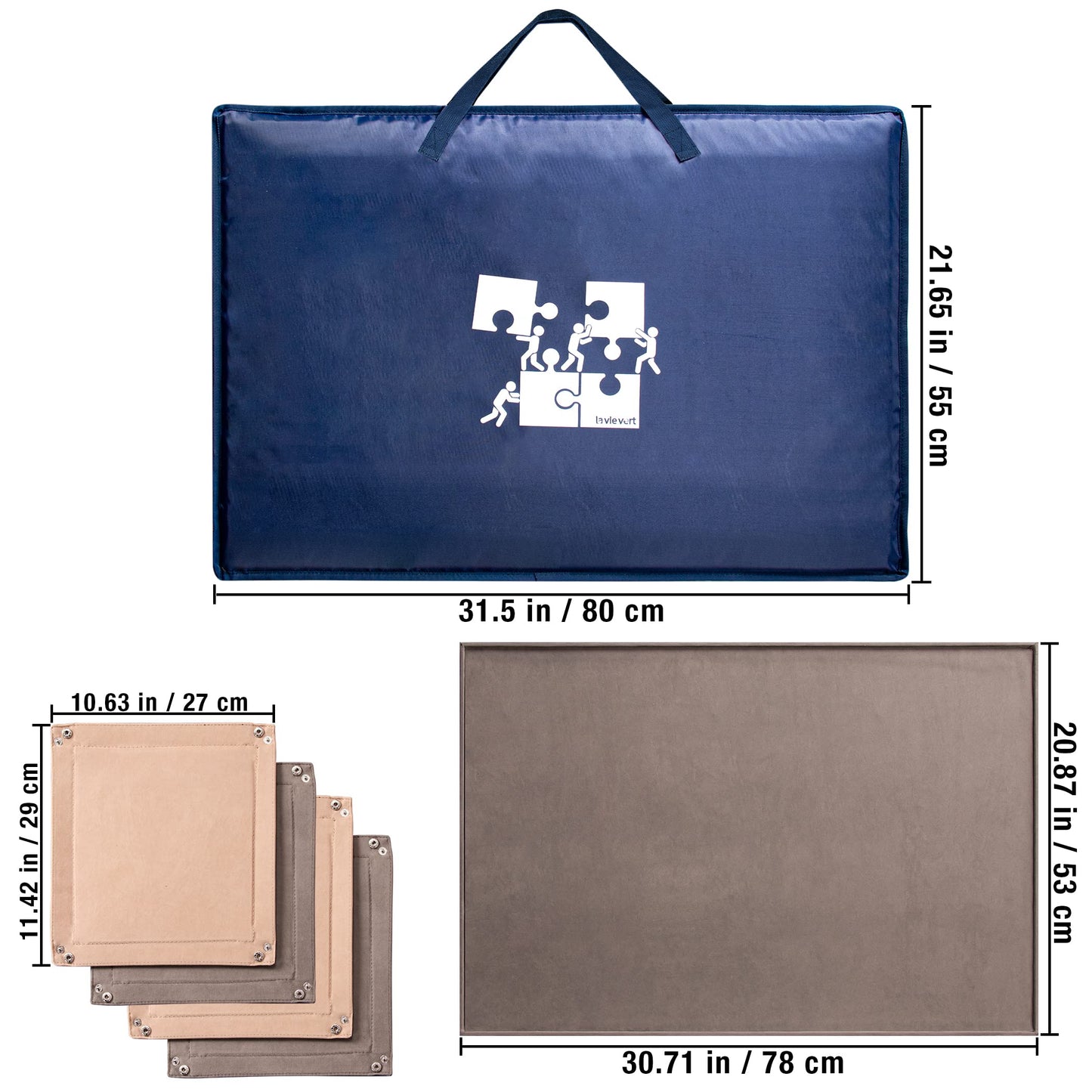 LAVIEVERT 1000 Pieces Jigsaw Puzzle Board with Padded Cover, Portable Case, 4 Sorting Trays, Non-Slip Surface - Royal Blue, Khaki, Gray