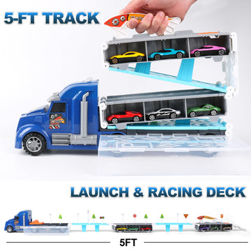 Dwi Dowellin Carrier Truck Toys for Kids,5-FT Hauler Truck with Ejection Race Track and 16 Die-Cast Metal Toy Cars,Car Toy Gift