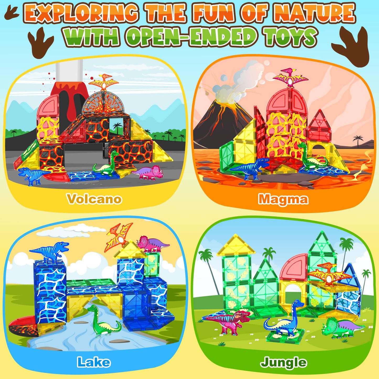Dinosaur Toys Magnetic Tiles Lava Dinosaur World Set - Magnetic Blocks Building Toys For Kids 3-5 5-7 Girls Boys Toys Age 4-6 6-8, Classroom Must Haves Toddler Sensory Toys For 3+ Year Old Kids Toys