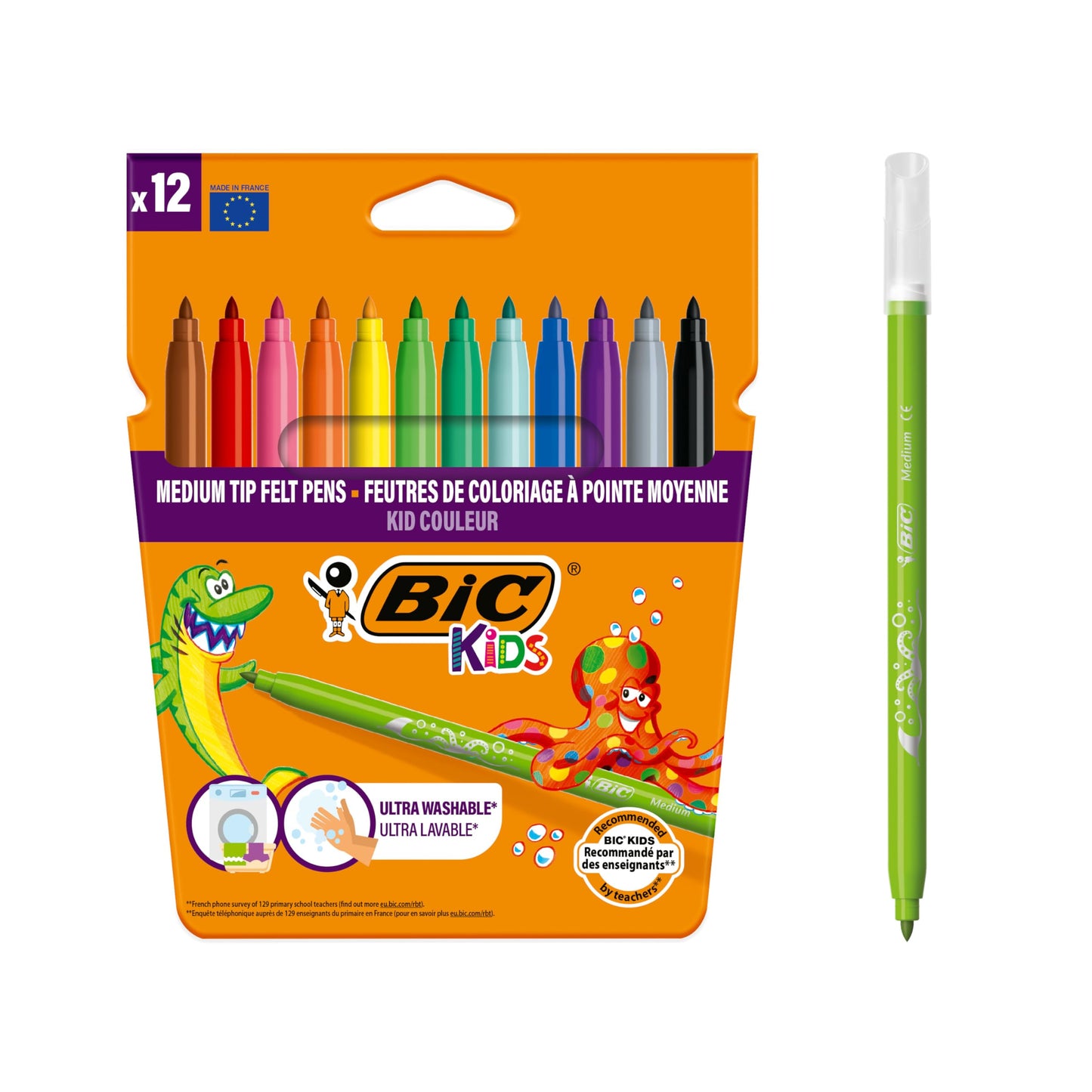 Bic Kids Kid Couleur Felt Tip Colouring Pens - Assorted Colours, Cardboard Wallet Of 12