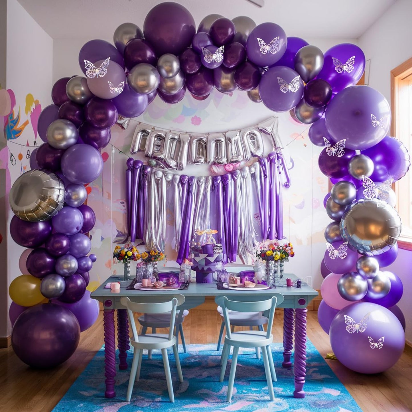Purple Silver Balloon Arch Kit, Metallic Purple Silver Butterfly Balloons With Butterfly Stickers For Kids Butterfly Party Decorations Birthday Balloons Baby Shower Engagement Party Supplies
