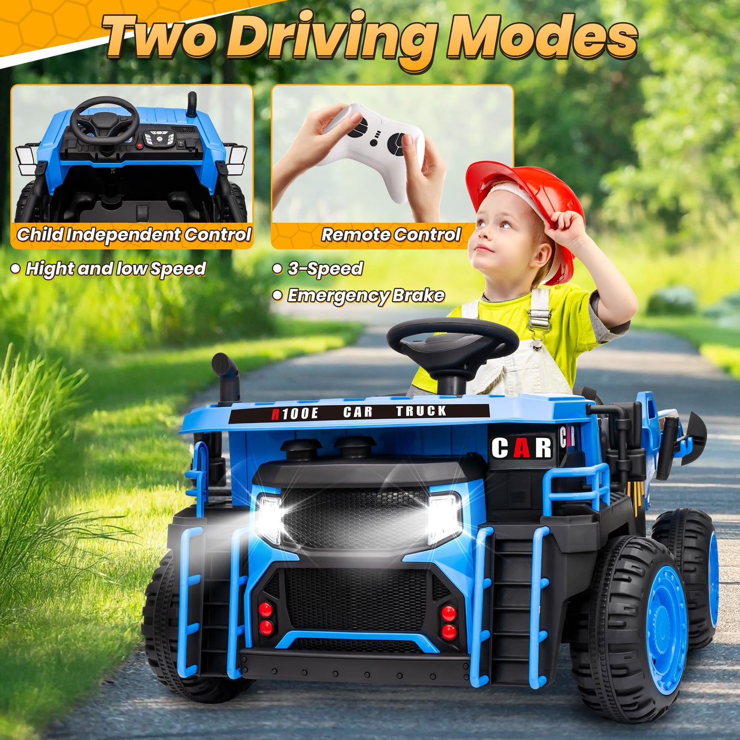 JOYRACER 24V 2 Seater Ride on Dump Truck Kids Electric Car w/400W Powerful Motors Ride on Construction Vehicles w/Electric Dump Bed and Shovel 20'' Seat 4.9MPH Max Ideal Gift for Boys Blue