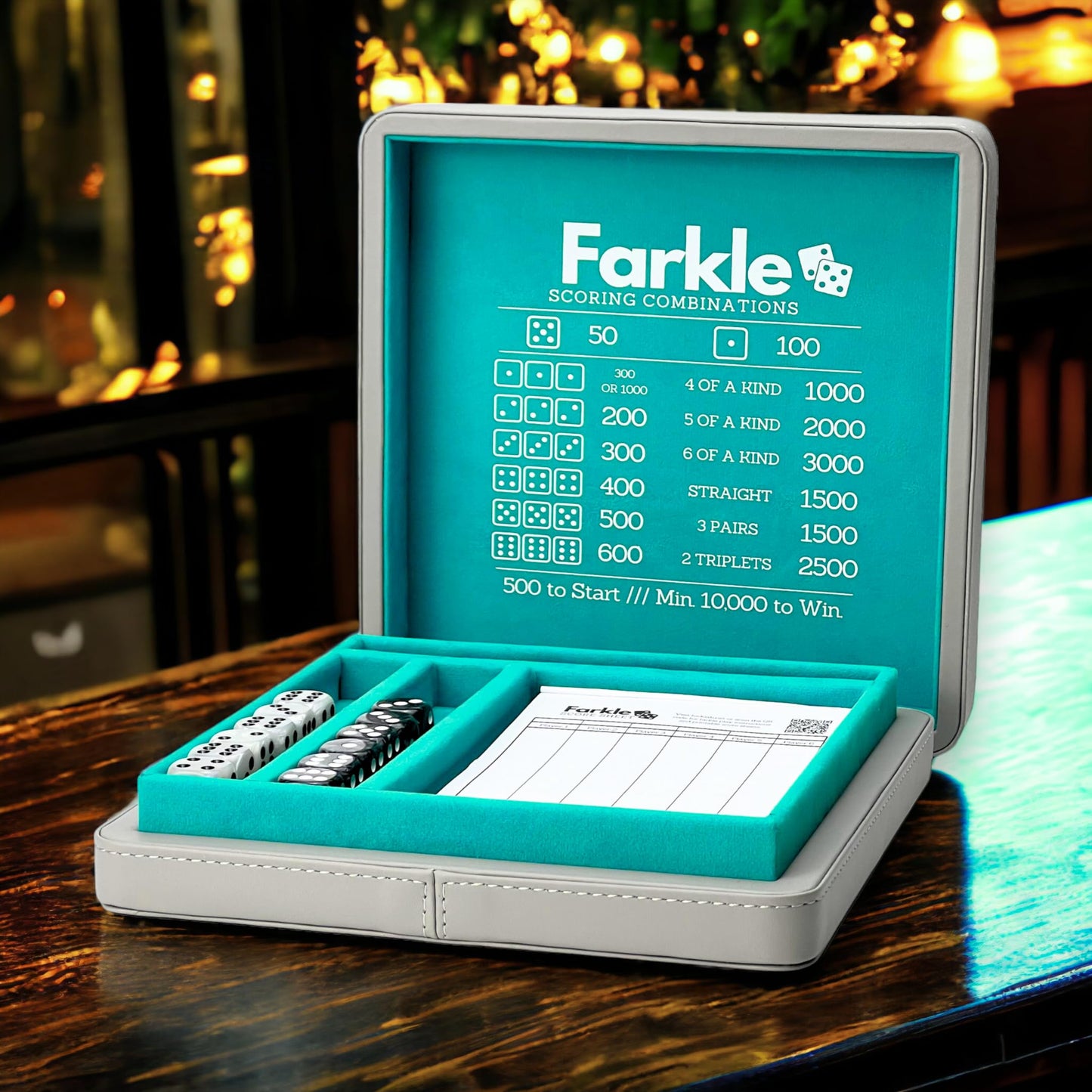 Luck Lab Farkle Dice Tray And Storage Case - Includes Embedded Scoring Combinations, 2 Sets Of 6 Pearl Dice, 40 Sheet Score Pad And Pen Holder For The Classic Family Game (Grey And Turquoise)