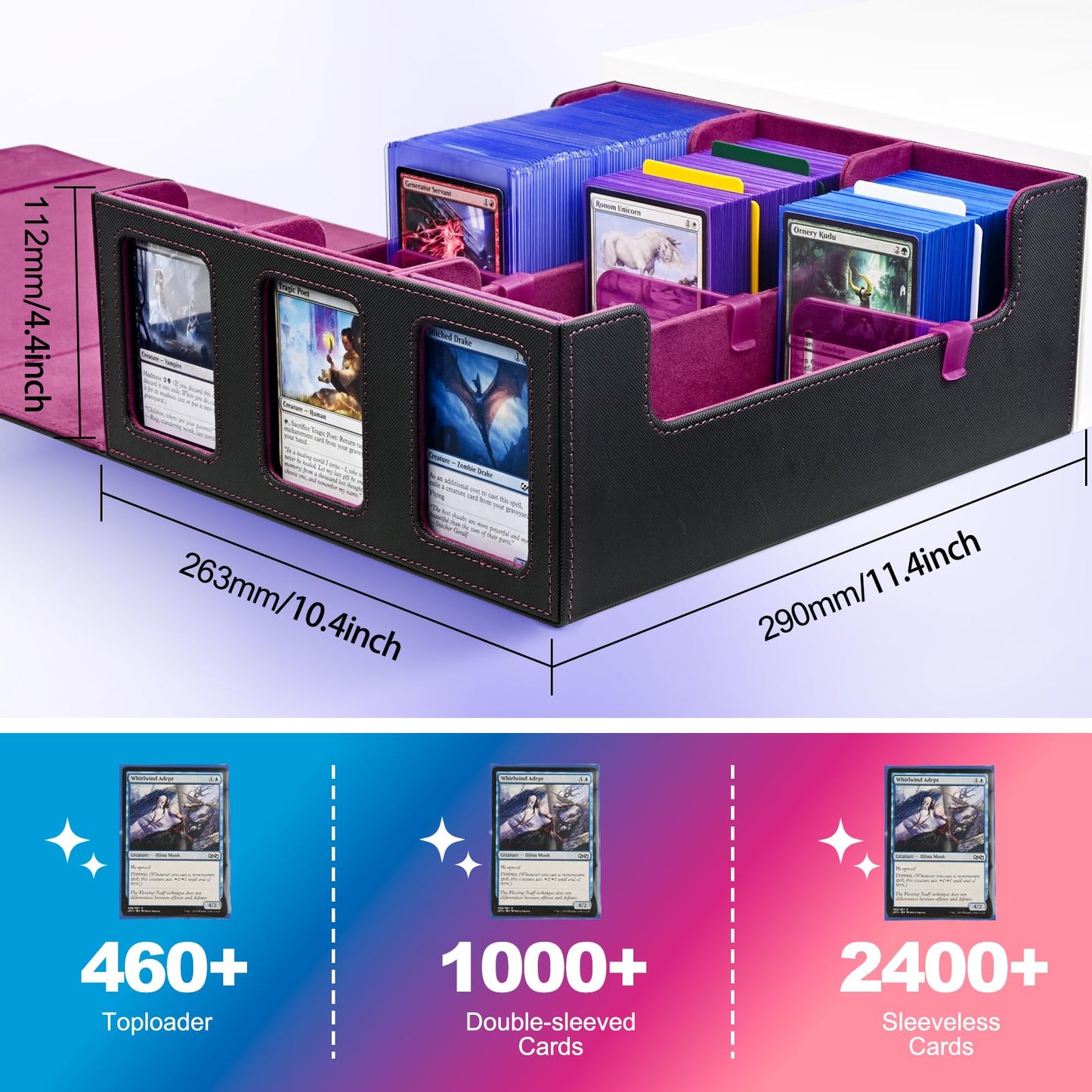 Uaono Card Storage Box For Trading Cards, 1800+ Commander Deck Box For Mtg With Display Window, Toploader Card Case Fits Magic Tcg Ptcg Sports Cards; 10 Removable Divider, 3 Stoppers (Black, Purple)
