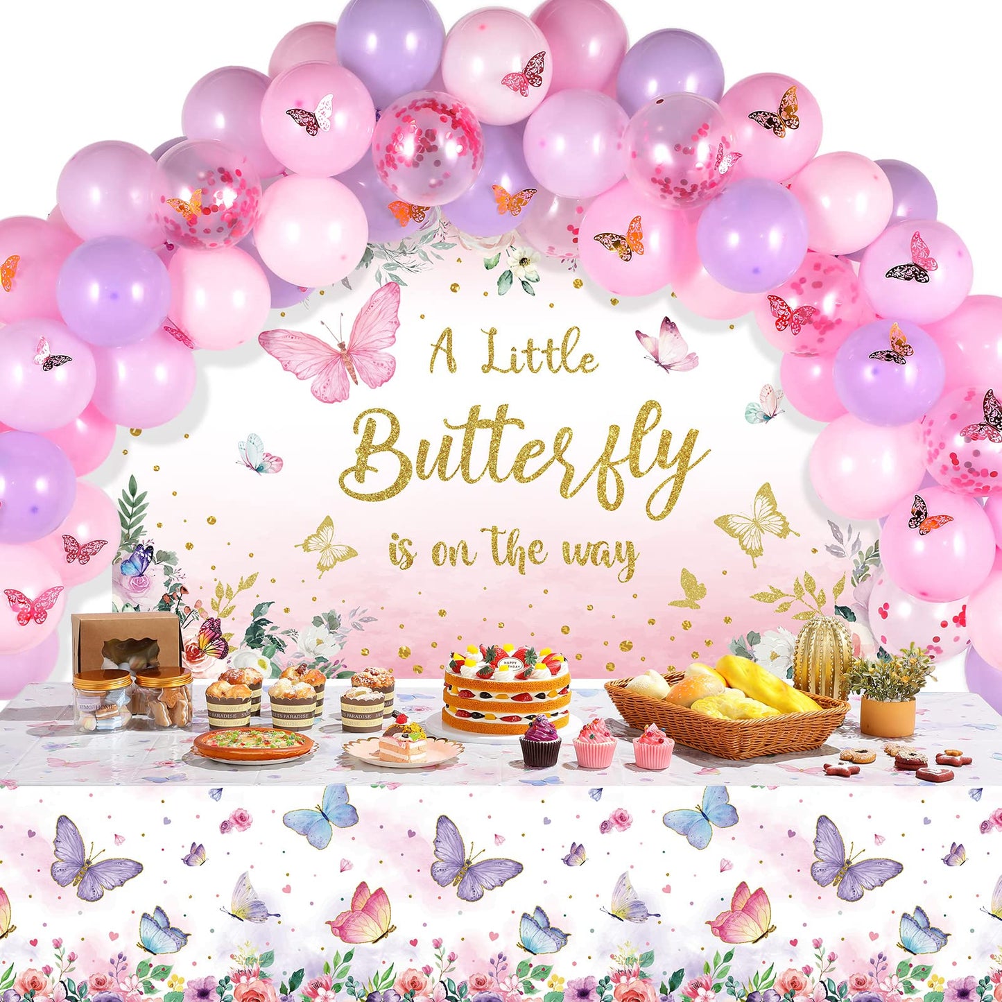 Butterfly Baby Shower Decorations Set A Little Butterfly Is On The Way Photography Backdrop Pink Purple Balloon Garland Arch Kit