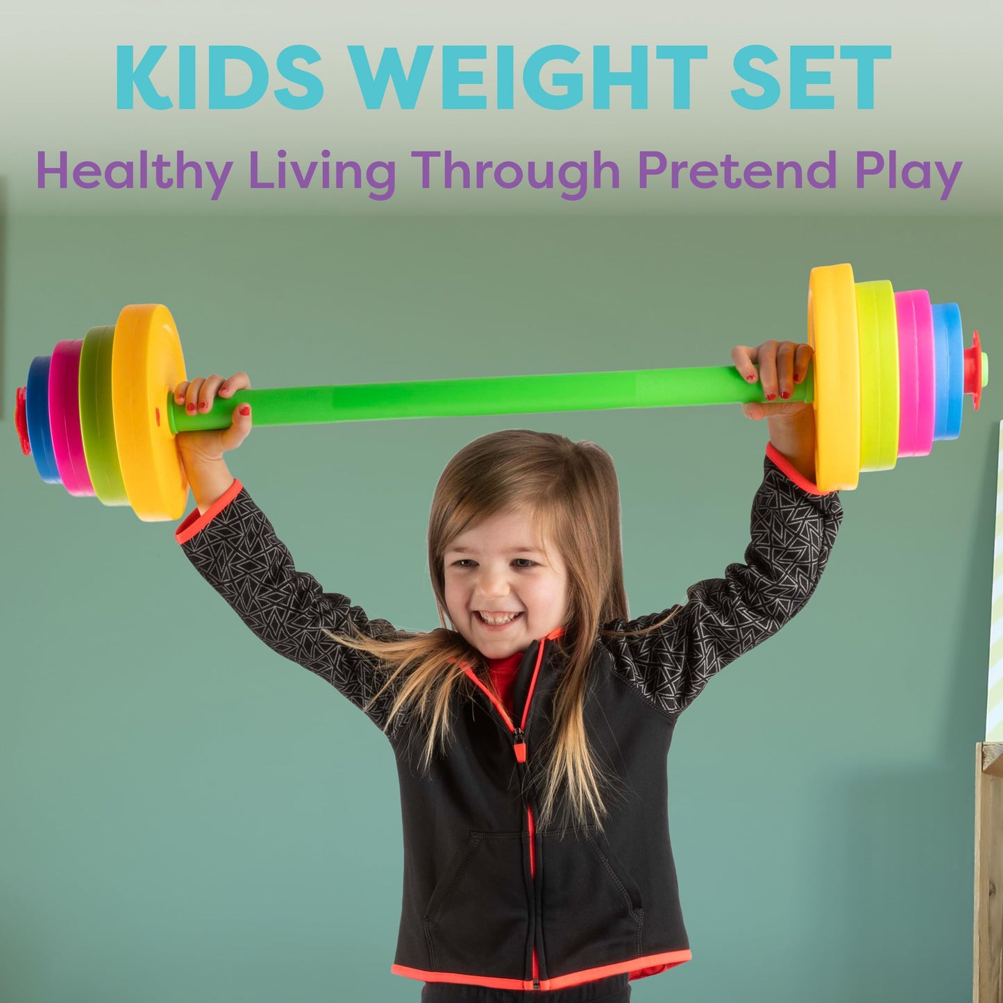 Kids Weight Set - Barbell With 8 Adjustable Plates - Kids Indoor Play Gym Toddler Workout Set - Baby Weights Toys For Age 3 And Up By Hey Play