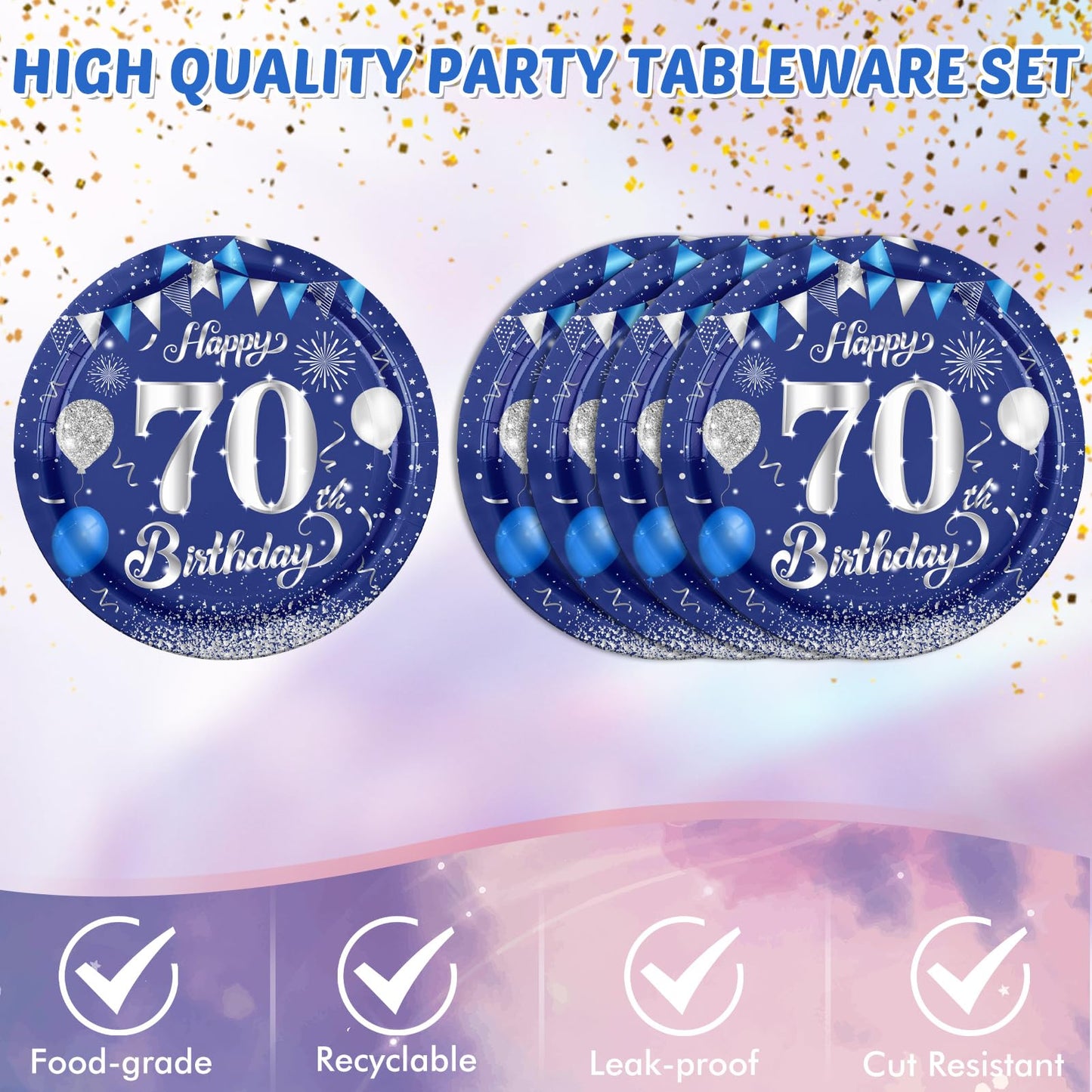 Blue 70Th Birthday Decorations For Men Navy Blue Silver Happy 70Th Birthday Tableware Set Include Happy 70Th Birthday Plates Nap