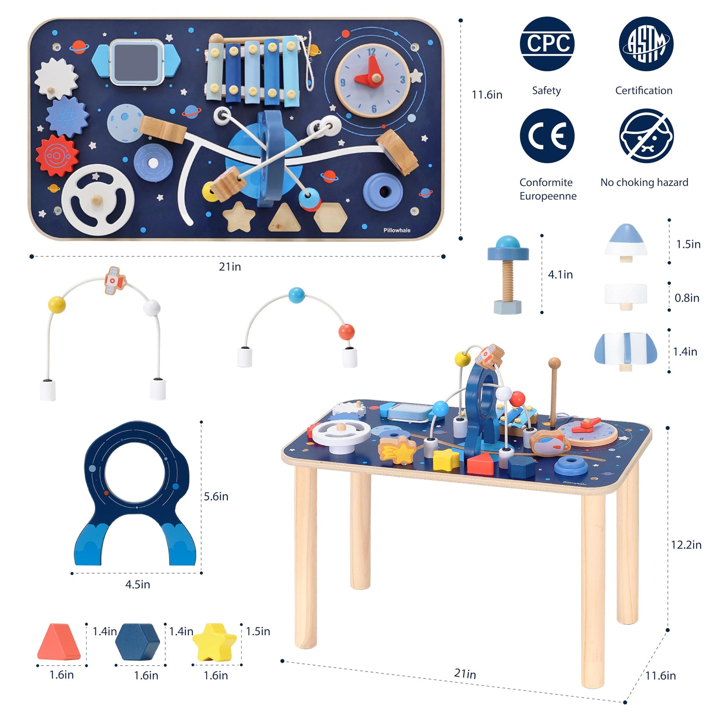 Pillowhale Wooden Activity Table, 8 In 1 Baby Activity Cubes For Kids, Toddler Sensory Table, Baby Standing Activity Center, Play Table With Stacking Toys, Bead Maze & Gears For 1 Year Old Boys Girls