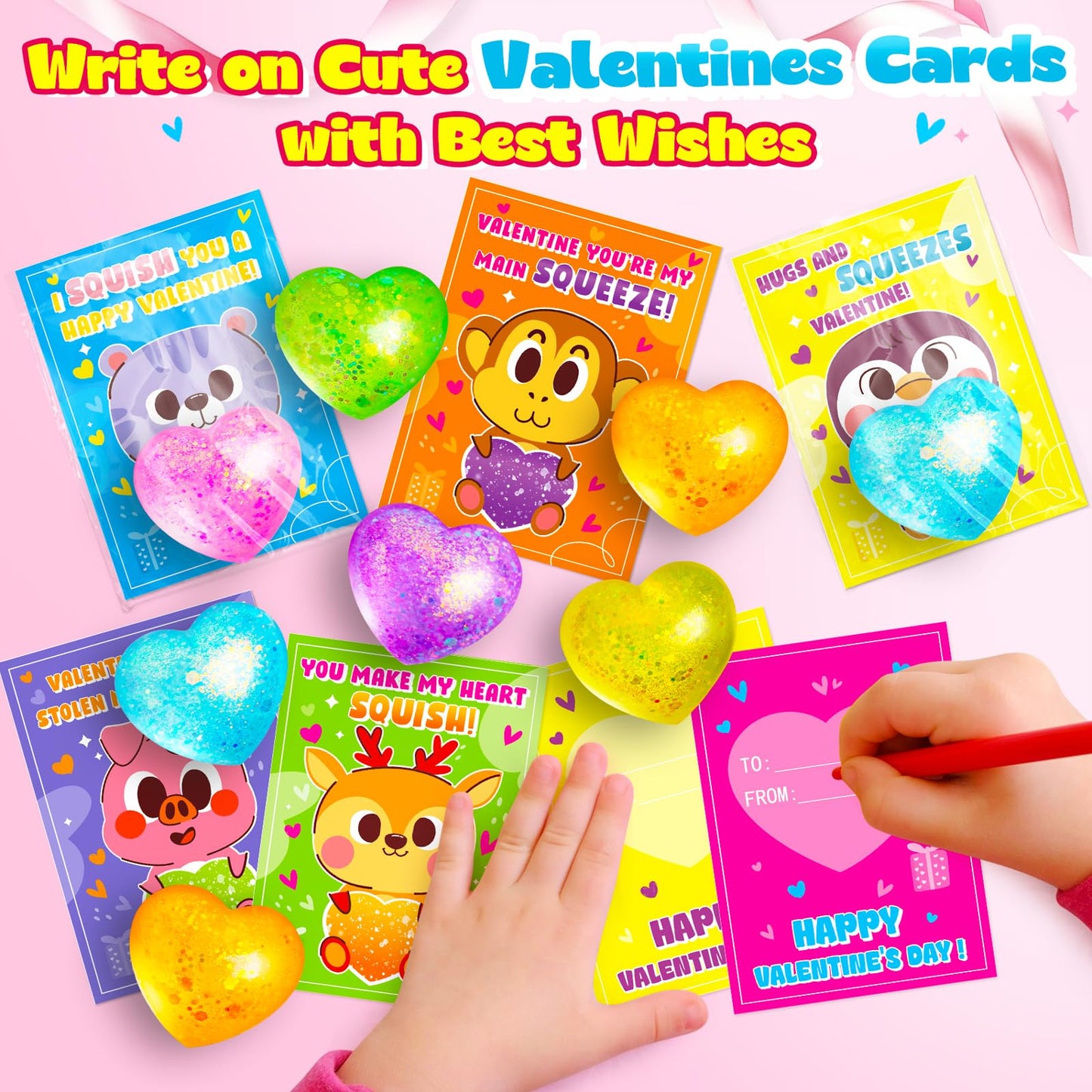 24Pack Valentines Day Gifts For Kids Classroom Heart Stress Balls With Valentines Day Cards For Kids School Class Exchange Fidge
